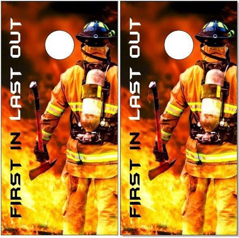 Firefighter First In Flames Cornhole Boards